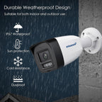 White and black PRAMA bullet security camera shown mounted on a wall, with promotional text highlighting waterproof, sun protection, cold resistance, and dustproof features against a dark rainy background.