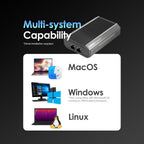Computer hardware with compatibility logos for MacOS, Windows, and Linux on a black background