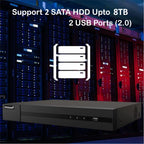 A black PRAMAX 8-channel network video recorder (NVR) shown in front of a server rack background, with white text overlays stating 'Support 1 SATA HDD Upto 6TB 2 USB Ports (2.0)' and a white server icon.