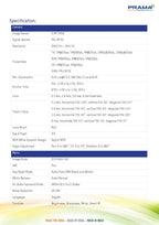 A detailed technical specification table for a PRAMA camera, displaying features like image sensor, resolution, frame rate, lens, and menu options, with a green and white design and a small yellow gradient accent at the bottom.