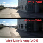 Comparison of wide dynamic range (WDR) effect on a building exterior with sunlight and shadows.