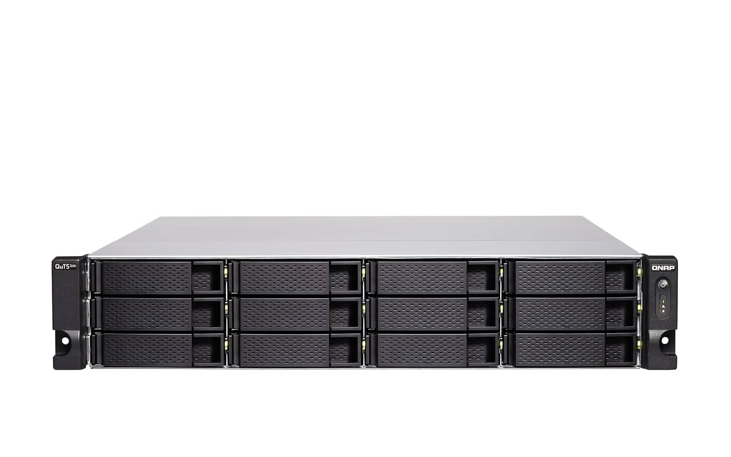 Server rack with multiple drive bays on a white background