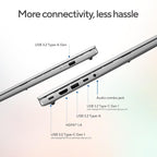 A promotional product graphic showing close-up side views of a silver laptop with labeled callouts for ports and connectors, including USB 3.2 Type-A, USB 3.