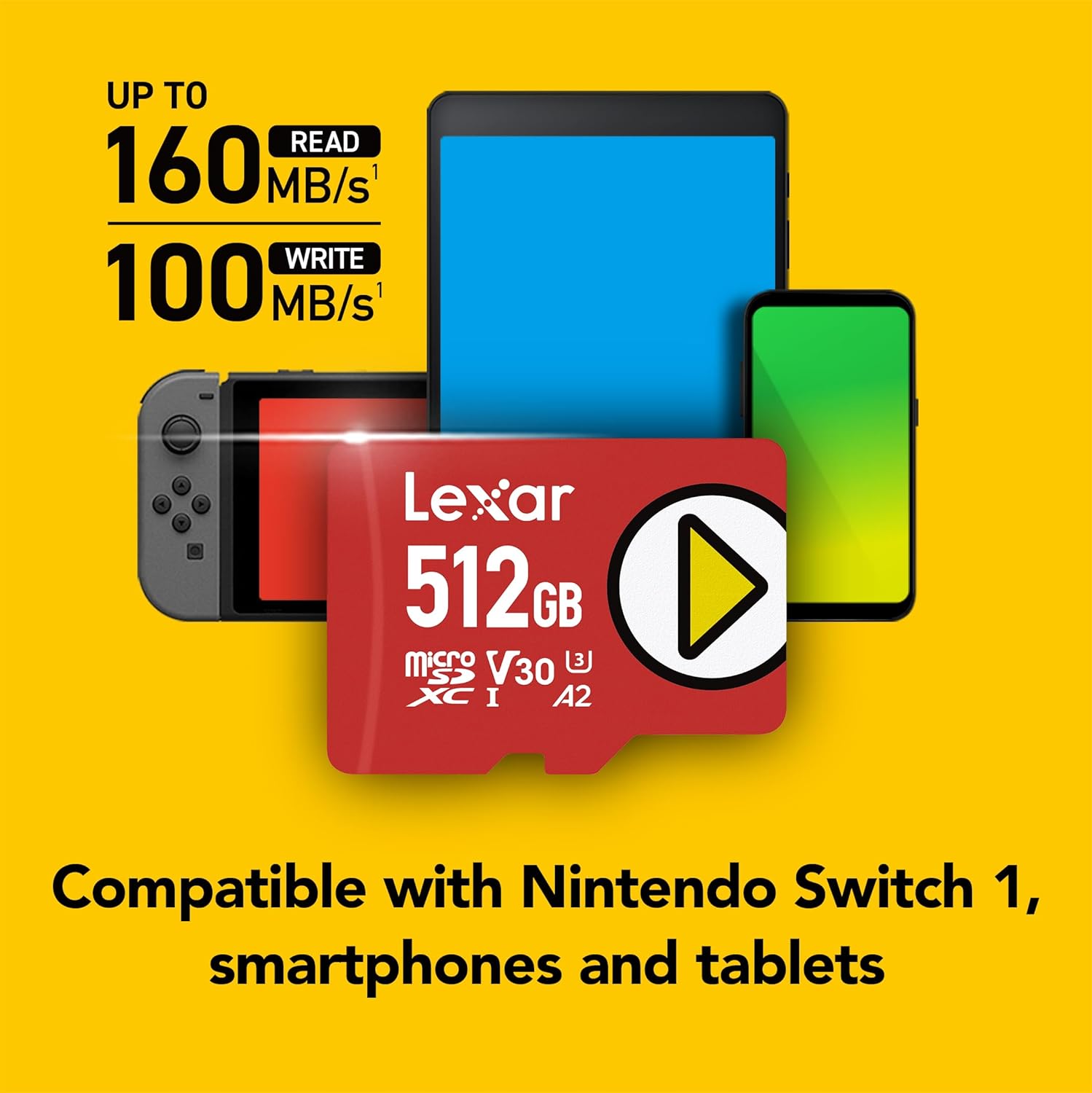 Lexar 512GB PLAY micro SD Card, UHS-I, C10, U3, V30, A2, Full HD, 4K, Up to 205/140 MB/s microSDXC Memory Card, Expanded Storage for Nintendo-Switch 1, Gaming, Smartphones, Tablets (LMSPLAY512G-BNSNU)