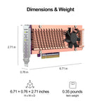 A product dimension diagram labeled 'Dimensions & Weight' showing a PCIe graphics card with a copper-colored heatsink, black fan, and gold PCI Express slot. The image includes measurements in inches and item weight information below on a white background.