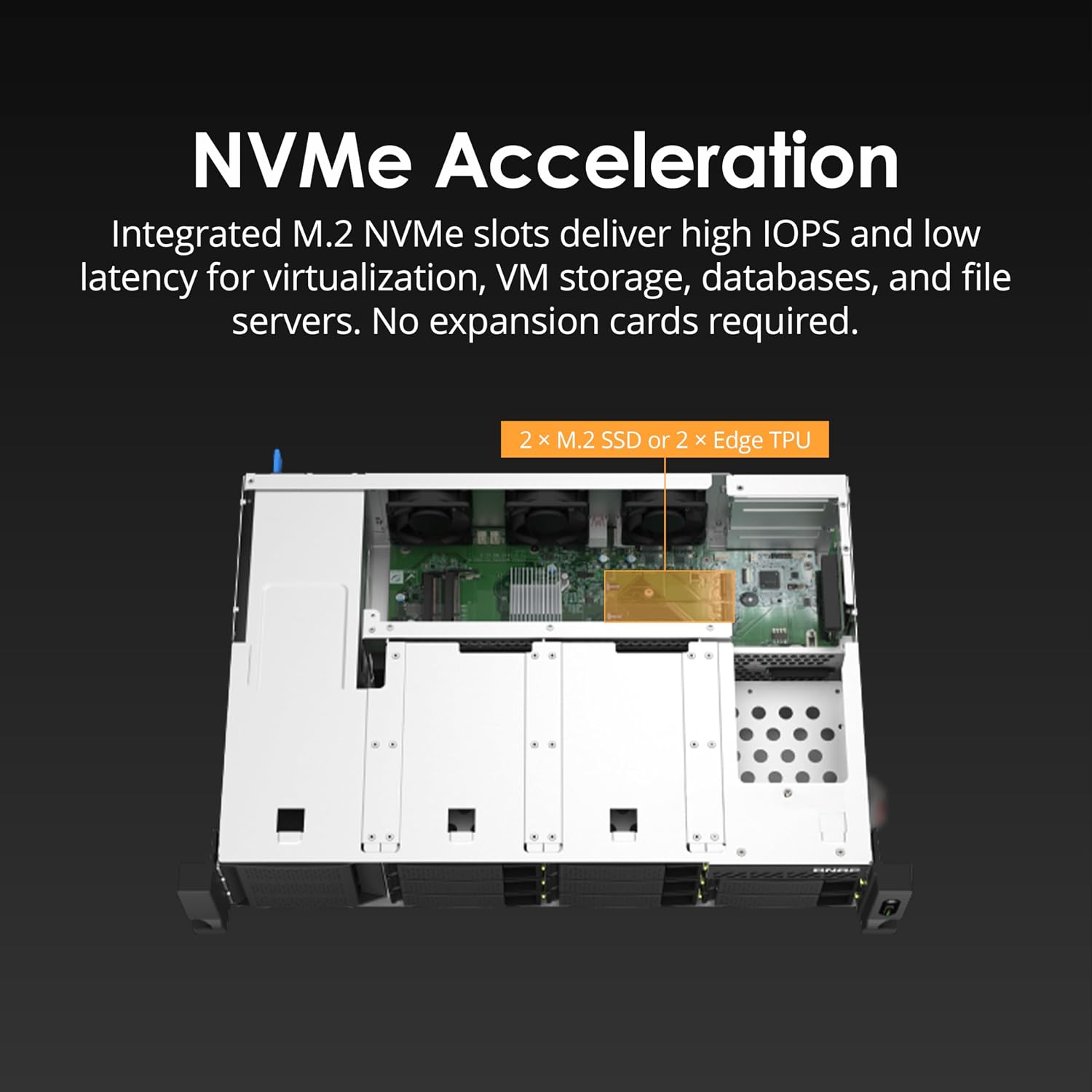A server chassis shown open against a dark gradient background, with marketing text at the top reading 'NVMe Acceleration' and an orange callout pointing to internal NVMe storage components.