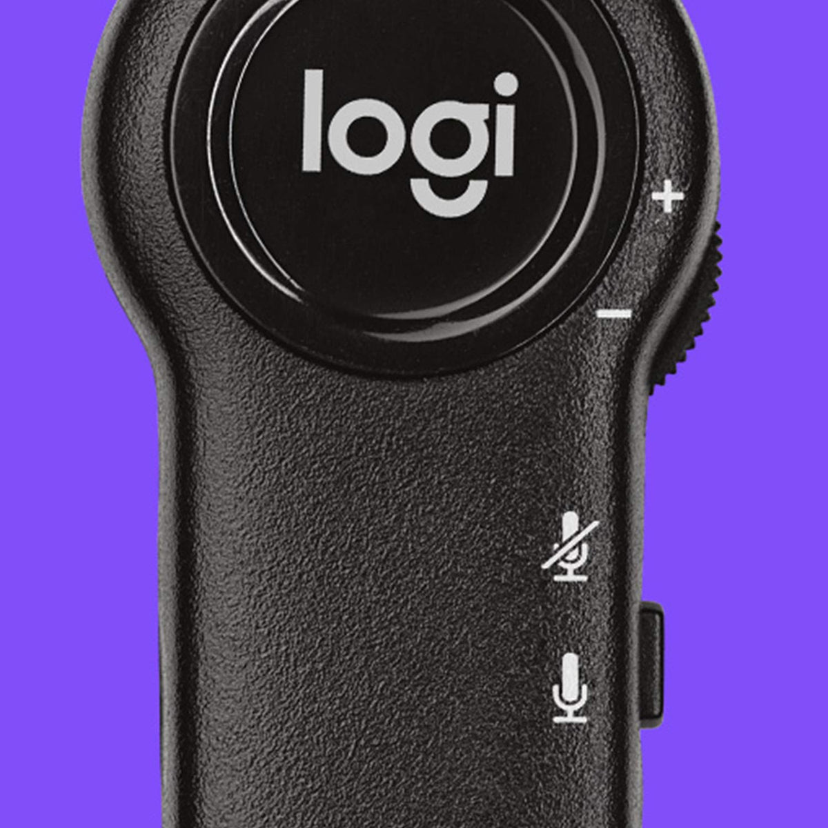Black Logitech device with control buttons on a purple background