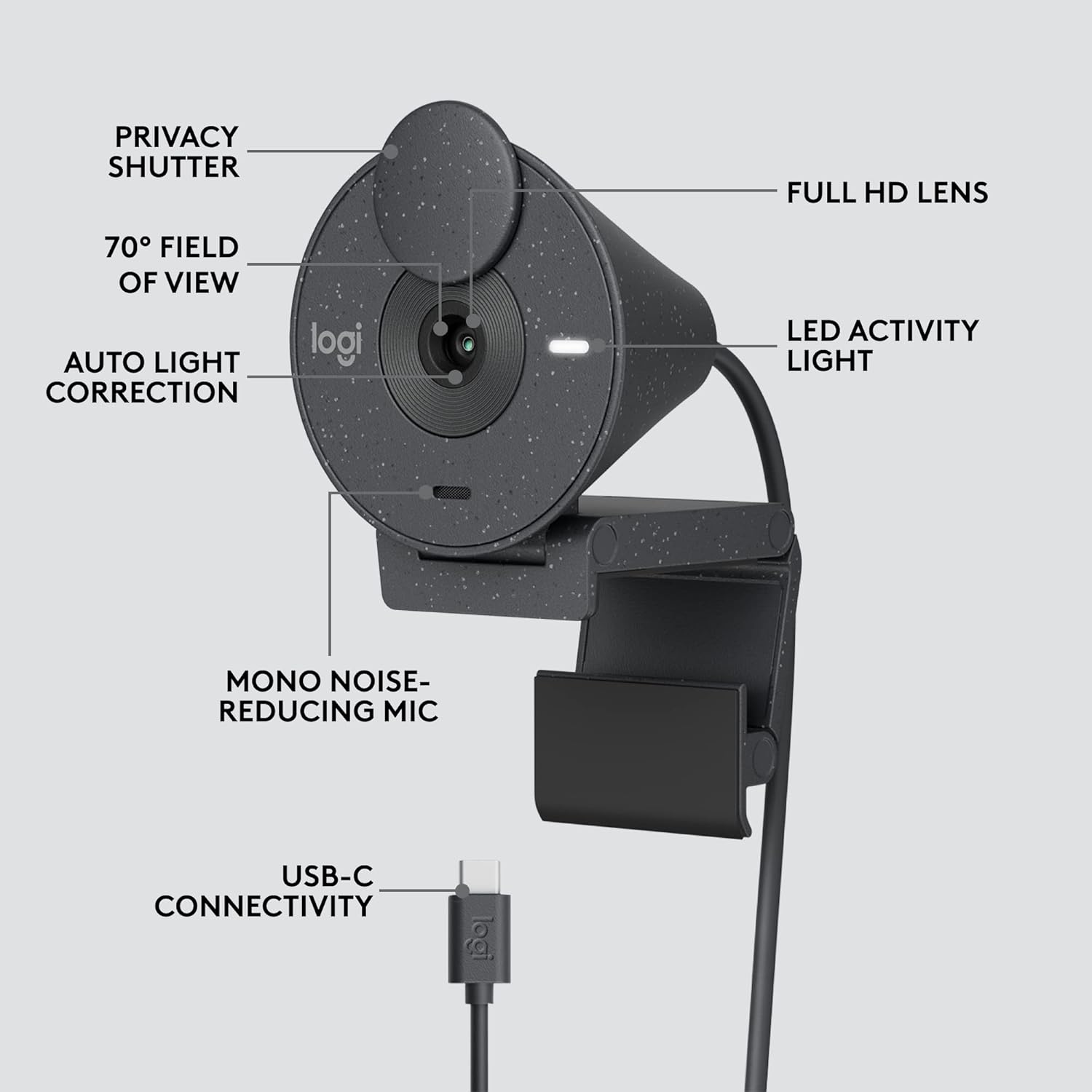 Logitech BRIO 300 USB-C 1080p FHD Webcam with Noise Reducing Mic - Graphite