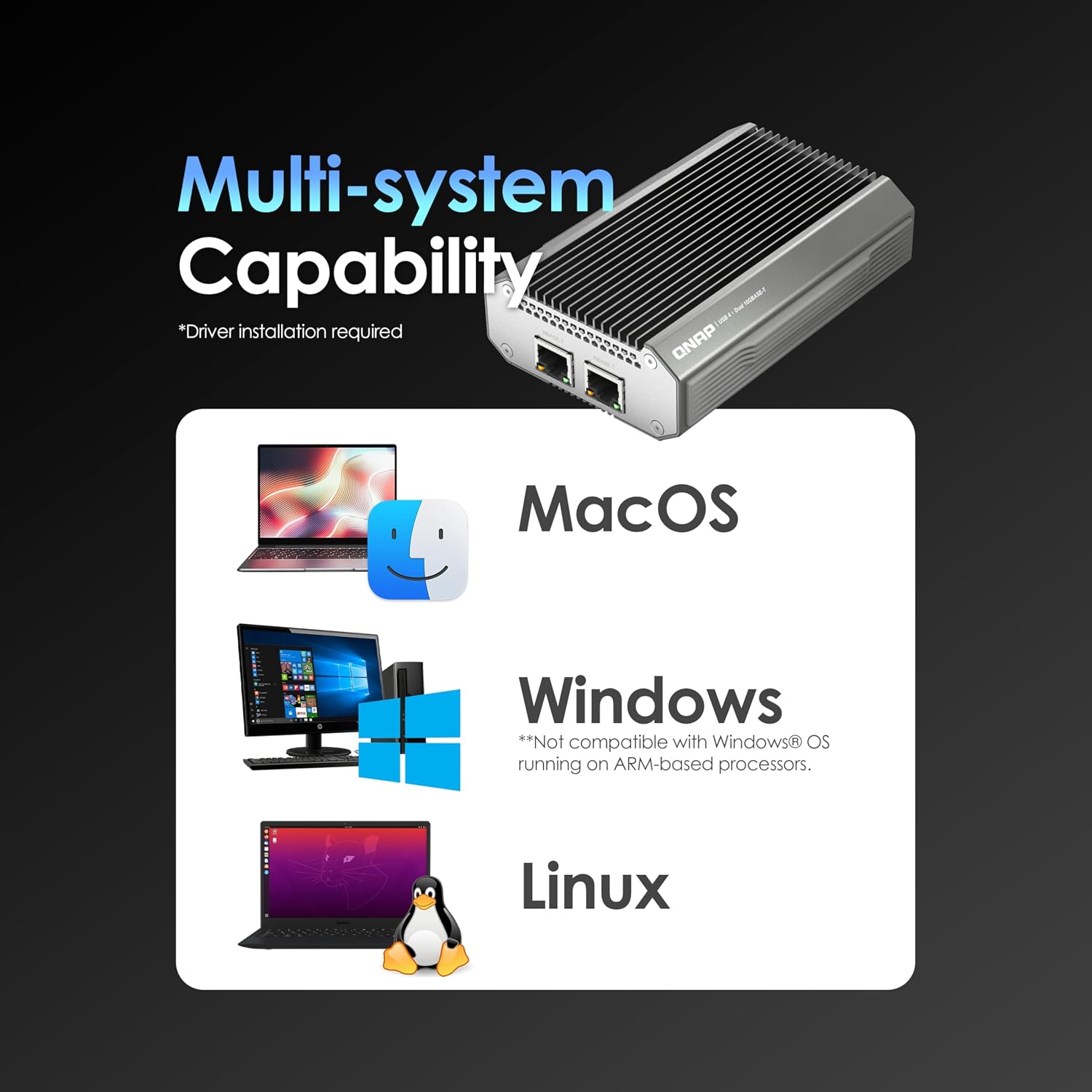Computer hardware with compatibility logos for MacOS, Windows, and Linux on a black background