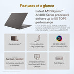 An infographic detailing the features of the ASUS Zenbook S 16 AI PC, showing a dark gray laptop on a light blue background with text and six feature boxes highlighting AMD Ryzen processors, Ceraluminum construction, thinness, display, speakers, touchpad, and ports.