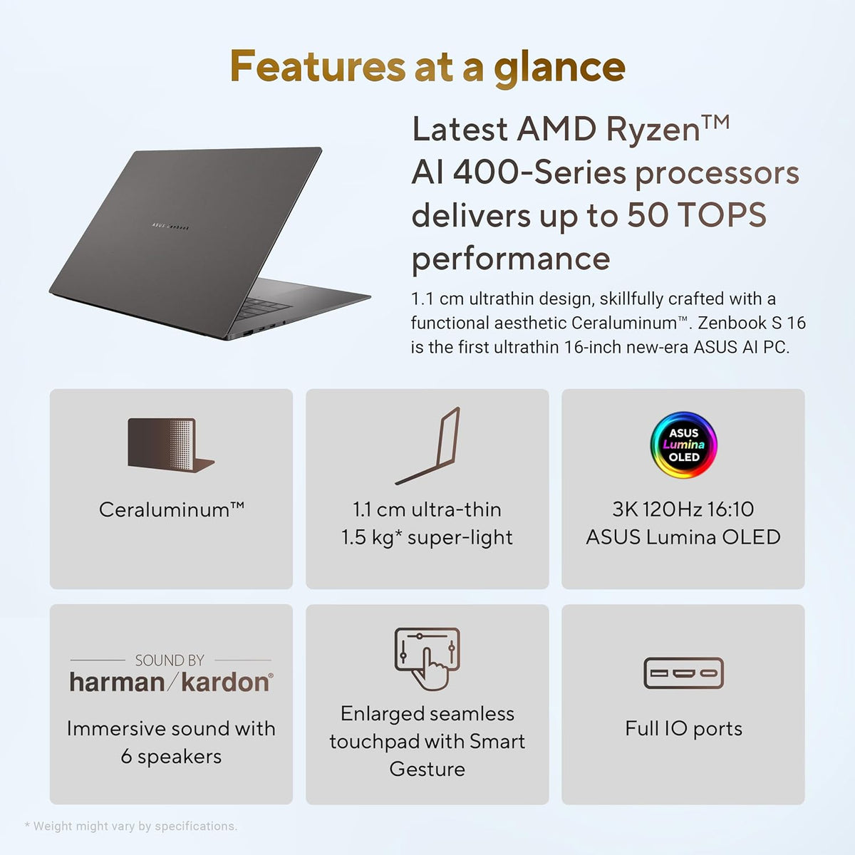 An infographic detailing the features of the ASUS Zenbook S 16 AI PC, showing a dark gray laptop on a light blue background with text and six feature boxes highlighting AMD Ryzen processors, Ceraluminum construction, thinness, display, speakers, touchpad, and ports.