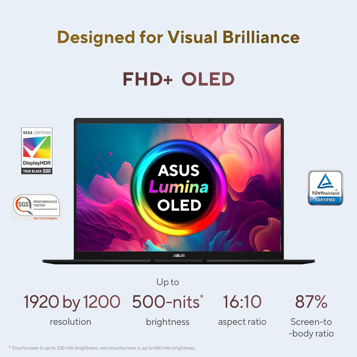 ASUS FHD+ OLED laptop shown on a light gray background with marketing text highlighting 1920 by 1200 resolution, 500-nits brightness, 16:10 aspect ratio, and 87% screen-to-body ratio. Certification badges for DisplayHDR and Energy Star are visible on the left and right sides of the laptop.