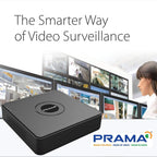 PRAMA smart video surveillance box in the foreground with multiple monitor screens showing security feeds and a woman working at a console in the background, under the headline 'The Smarter Way of Video Surveillance'.