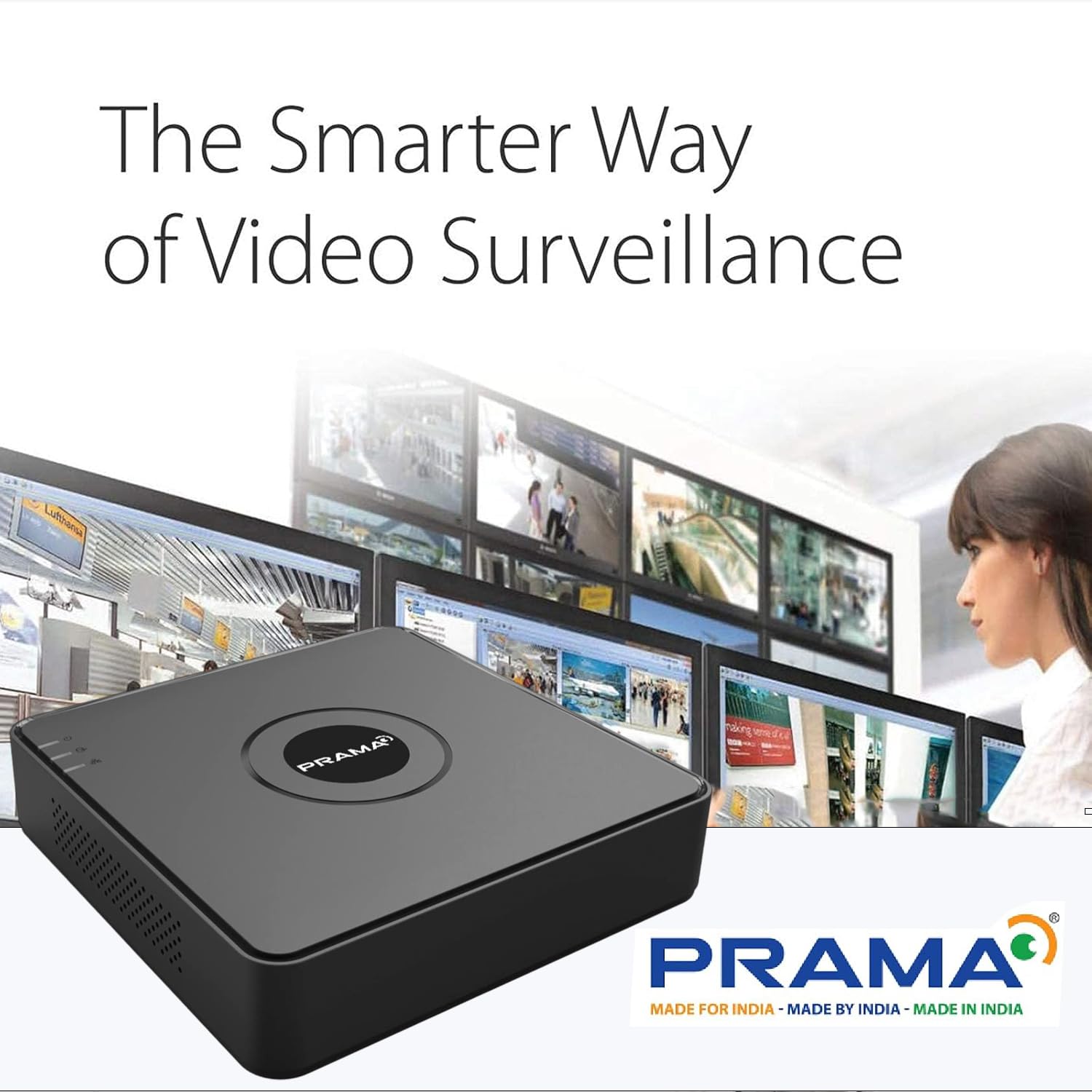 PRAMA smart video surveillance box in the foreground with multiple monitor screens showing security feeds and a woman working at a console in the background, under the headline 'The Smarter Way of Video Surveillance'.