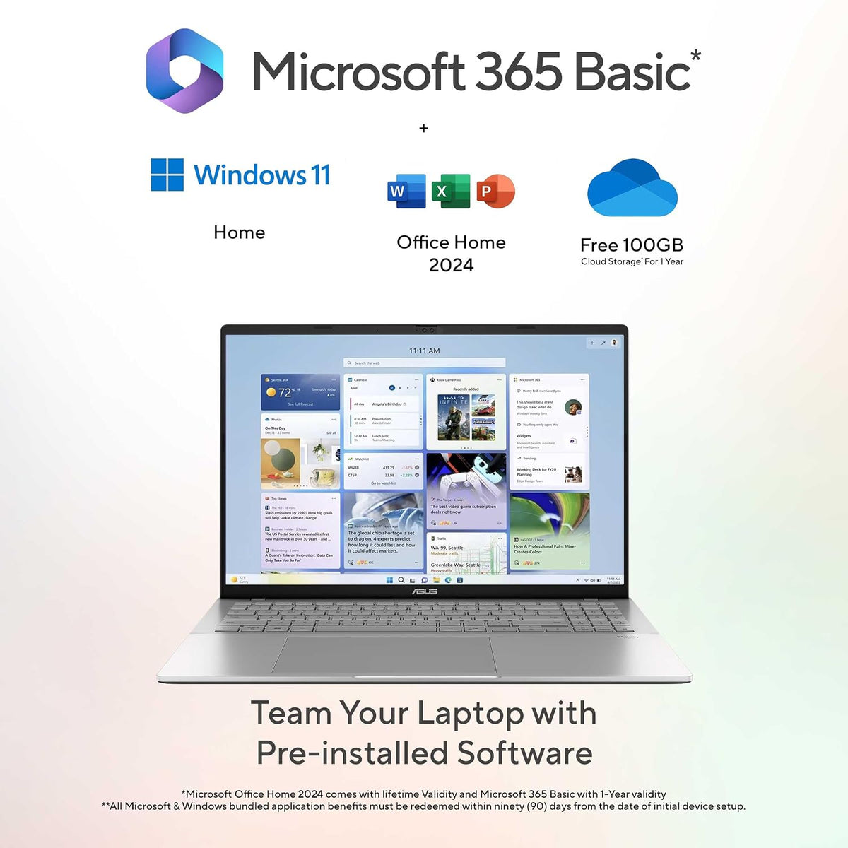 Microsoft 365 Basic software bundle promotion showing a silver laptop with an installed interface on screen, alongside Windows 11, Office Home 2024, and a free 100GB cloud storage plan, on a light gradient background.