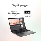 A dark gray ASUS laptop shown open on a clean white-to-light-gray gradient background, with marketing text above reading 'Stay Unplugged,' '60% in 49 Mins Fast Charging technology,' '70Wh,' and 'Up to 25 Hours* Battery Life.' The laptop screen displays a video and sidebar content.