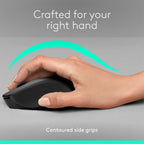 Hand using a computer mouse with text 'Contoured shape for better comfort' on a gray background