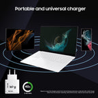 A white portable universal charger shown with a laptop, tablet, and smartphone on a dark graphic background. Text at the top reads 'Portable and universal charger,' with the charger labeled 167 g and 48 mm, and a circular badge stating 40% in 30 mins.