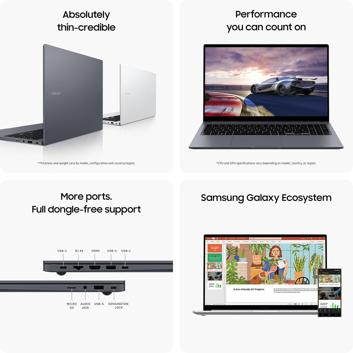 Samsung laptop with features highlighted on a white background