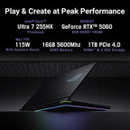 A black ASUS ROG gaming laptop is shown on a dark studio background with glowing RGB lighting along the edge. The top portion contains large white and purple text listing the laptop's specifications: Intel Core Ultra 7 255HX processor, NVIDIA GeForce RTX 5060 8GB GDDR7 VRAM, 115W max TGP, 16GB 5600Mhz DDR5 memory, and 1TB PCIe 4.