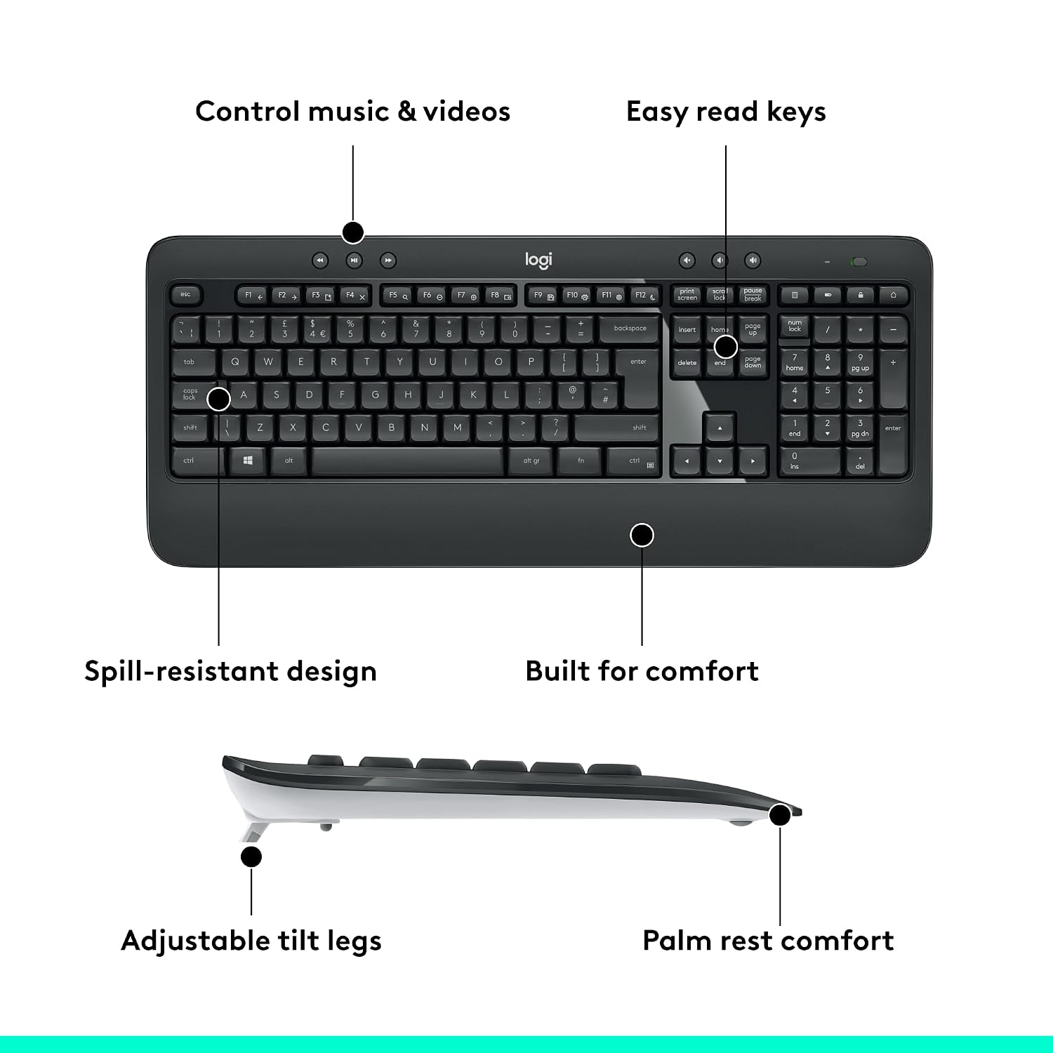Black keyboard with features labeled on a white background