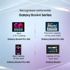 A promotional graphic for the Galaxy Book4 Series laptops, featuring four award badges including Gadget Bridge Awards 2024, iTech Awards 2024, and EXHIBIT TECH Awards 2024, all labeled for the Galaxy Book4 Pro 360 and Galaxy Book4.