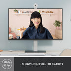 Computer monitor displaying a person in a home office setting with text 'Show up in full HD clarity'.