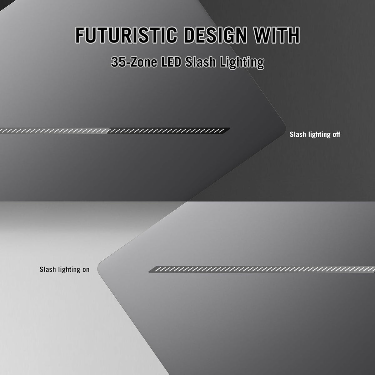 Two views of a futuristic design with LED slash lighting on a gray background.