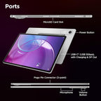 Technical diagram showing the ports and connectivity features of a silver tablet, including a MicroSD card slot, Power Button, USB-C port with charging and DP Out, Pogo Pin Connector, microphone, and volume button, on a dark gradient background.