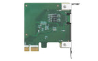 Computer hardware component, specifically a green circuit board with connectors on a white background