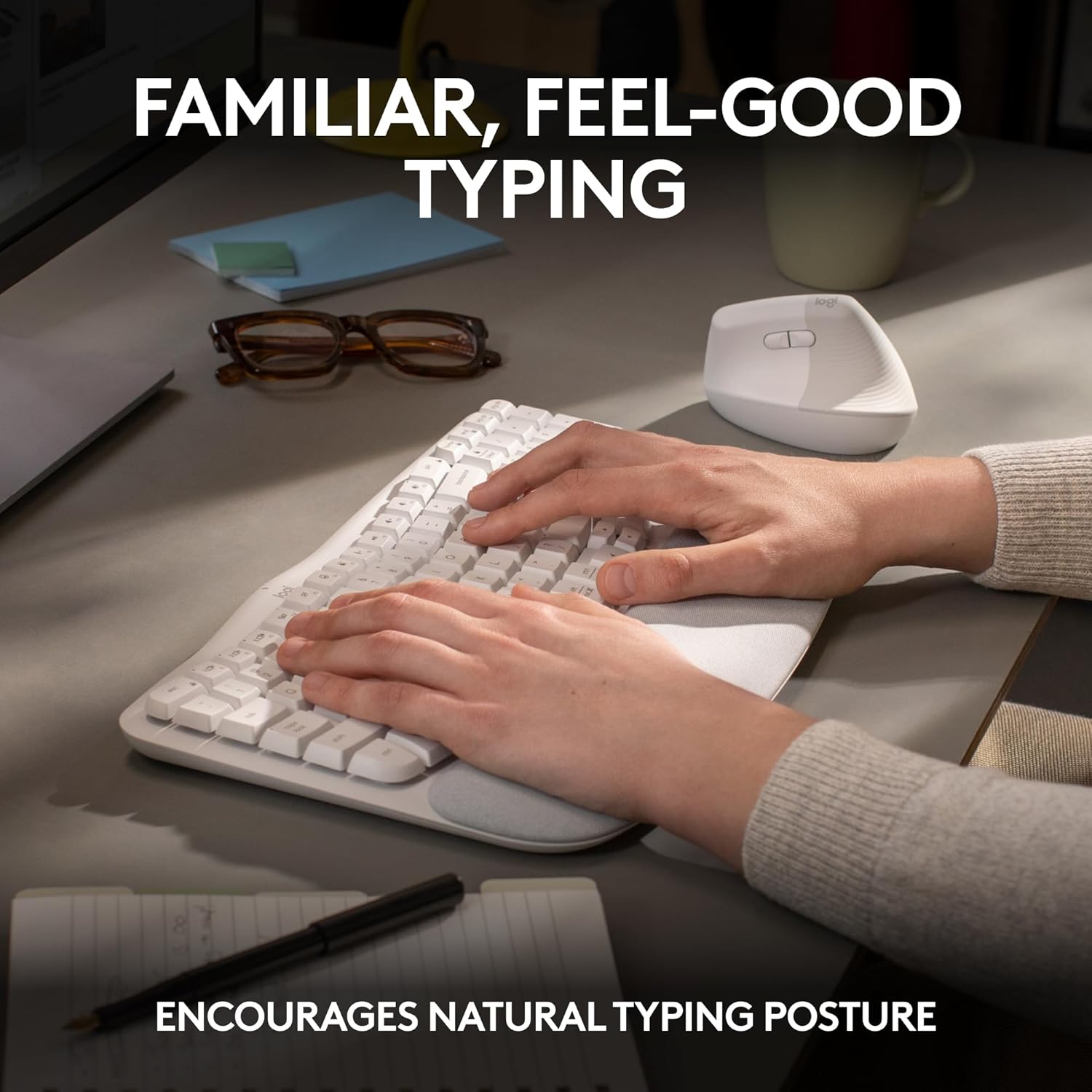 Logitech Ergo Series Wave Keys Wireless Ergonomic Keyboard with Cushioned Palm Rest - Off White