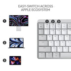 Keyboard with text 'Easy-switch across Apple ecosystem' and icons of a computer, laptop, and tablet.