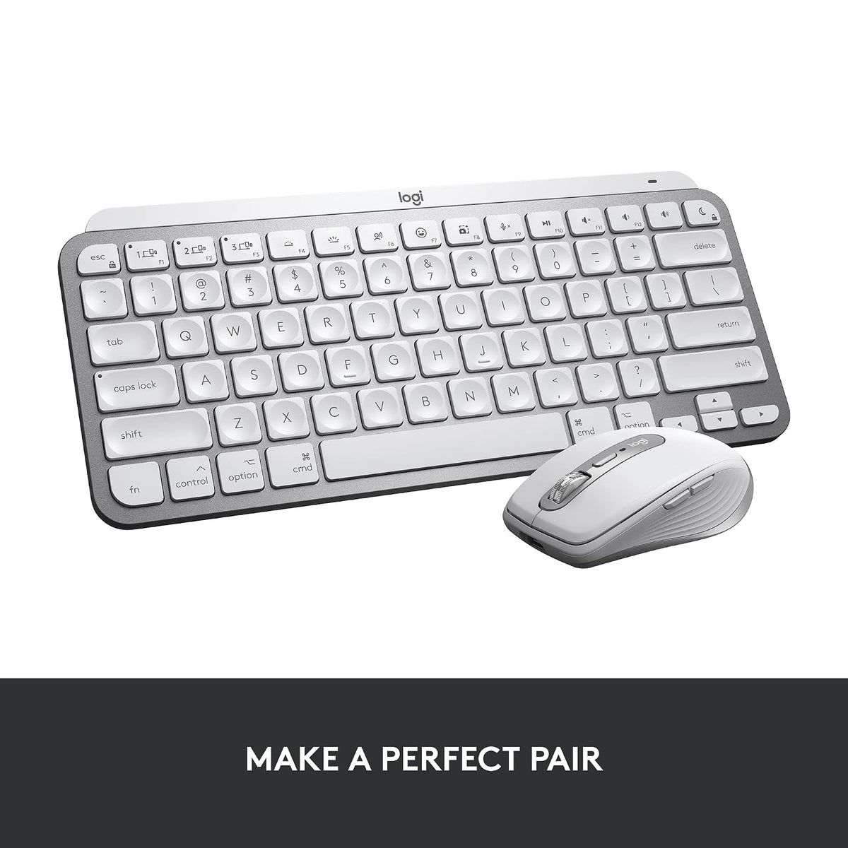 Logitech wireless keyboard and mouse set in silver and white, shown on a white background with a dark gray banner at the bottom that reads 'MAKE A PERFECT PAIR'.