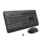 Black keyboard and mouse set with USB receiver on a white background