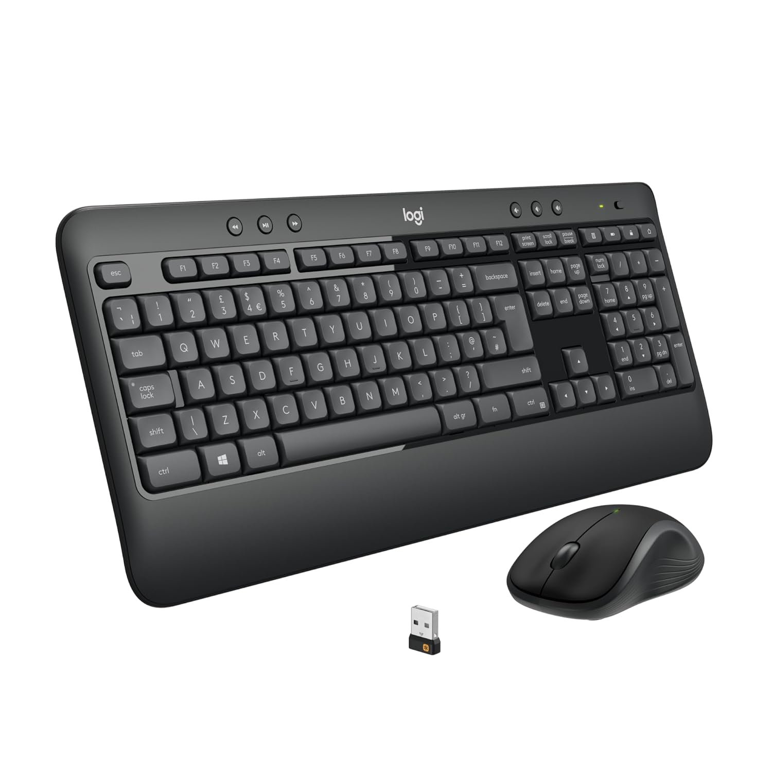 Black keyboard and mouse set with USB receiver on a white background