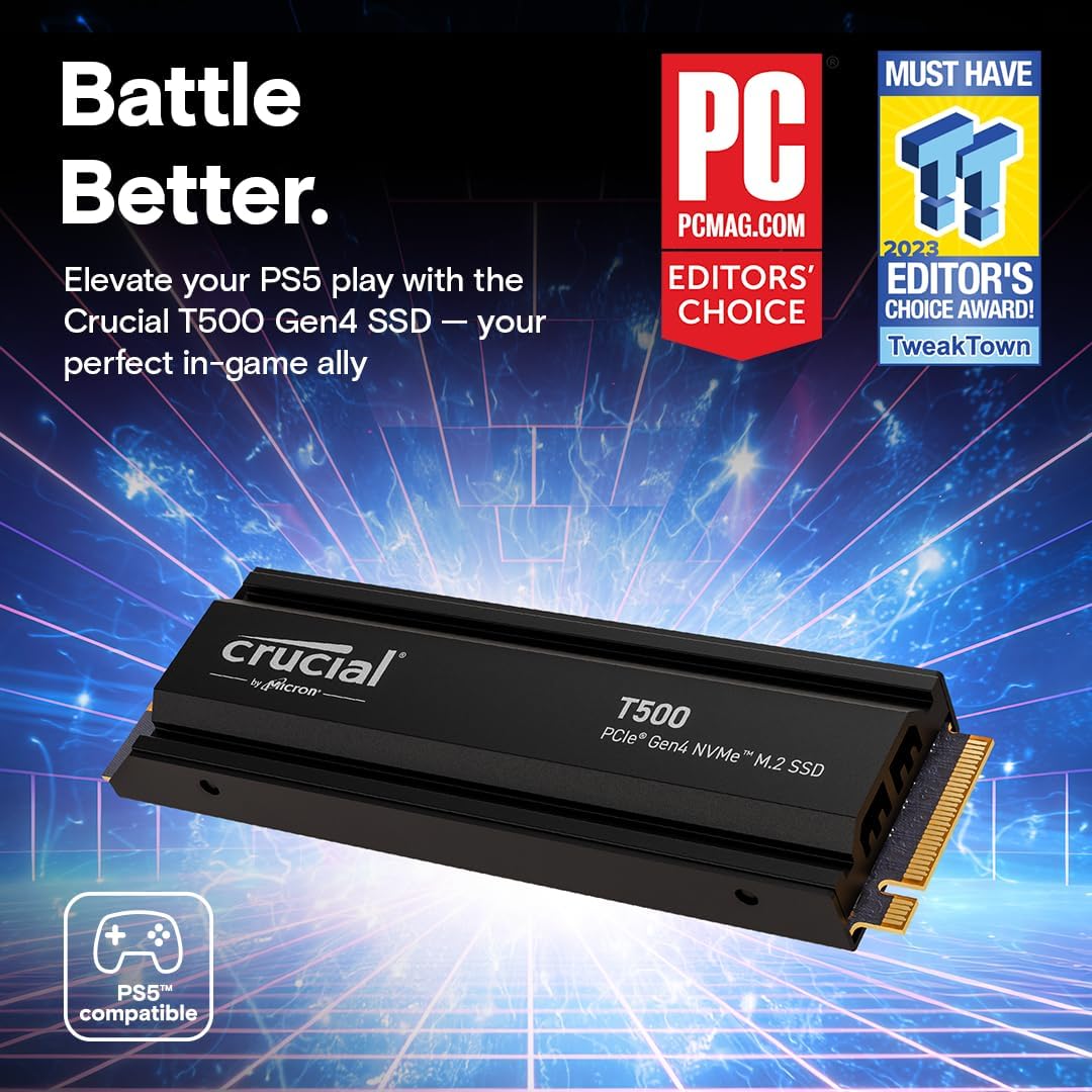 Crucial T500 1TB PCIe 4.0 x4 M.2 Internal SSD with Heatsink