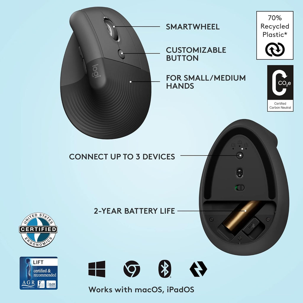 Logitech Ergo Series Lift Vertical Bluetooth Wireless 4000 DPI Optical Mouse - Graphite