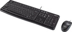 Logitech black wired keyboard and mouse computer setup on a white background.