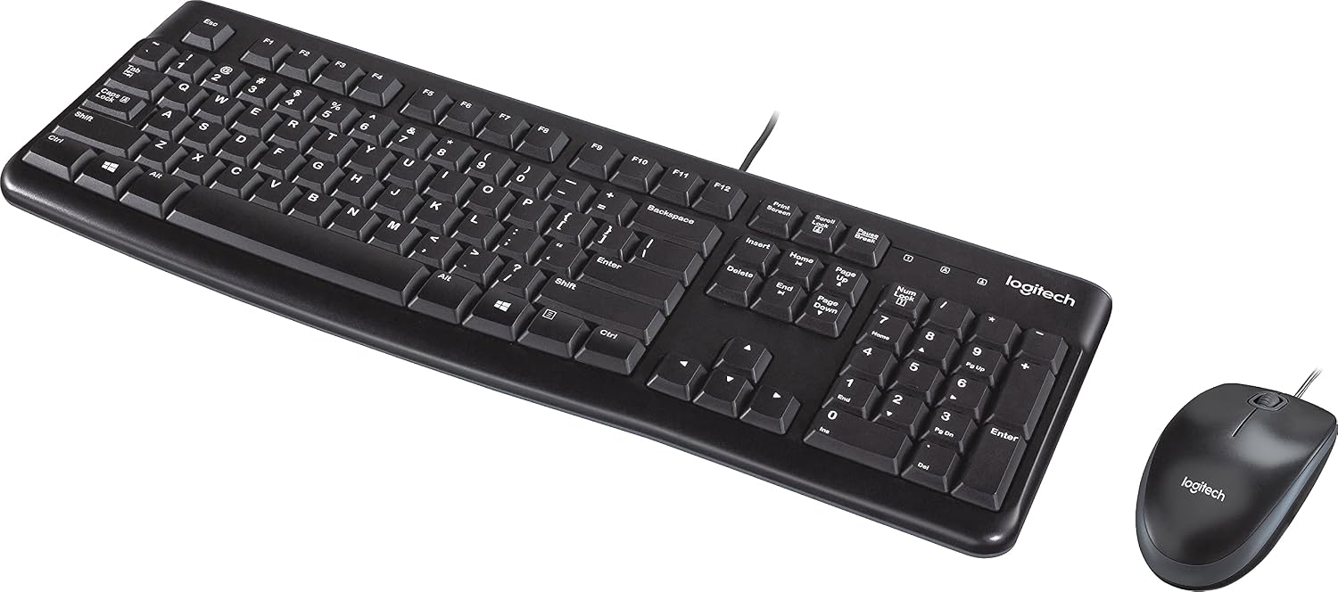 Logitech black wired keyboard and mouse computer setup on a white background.
