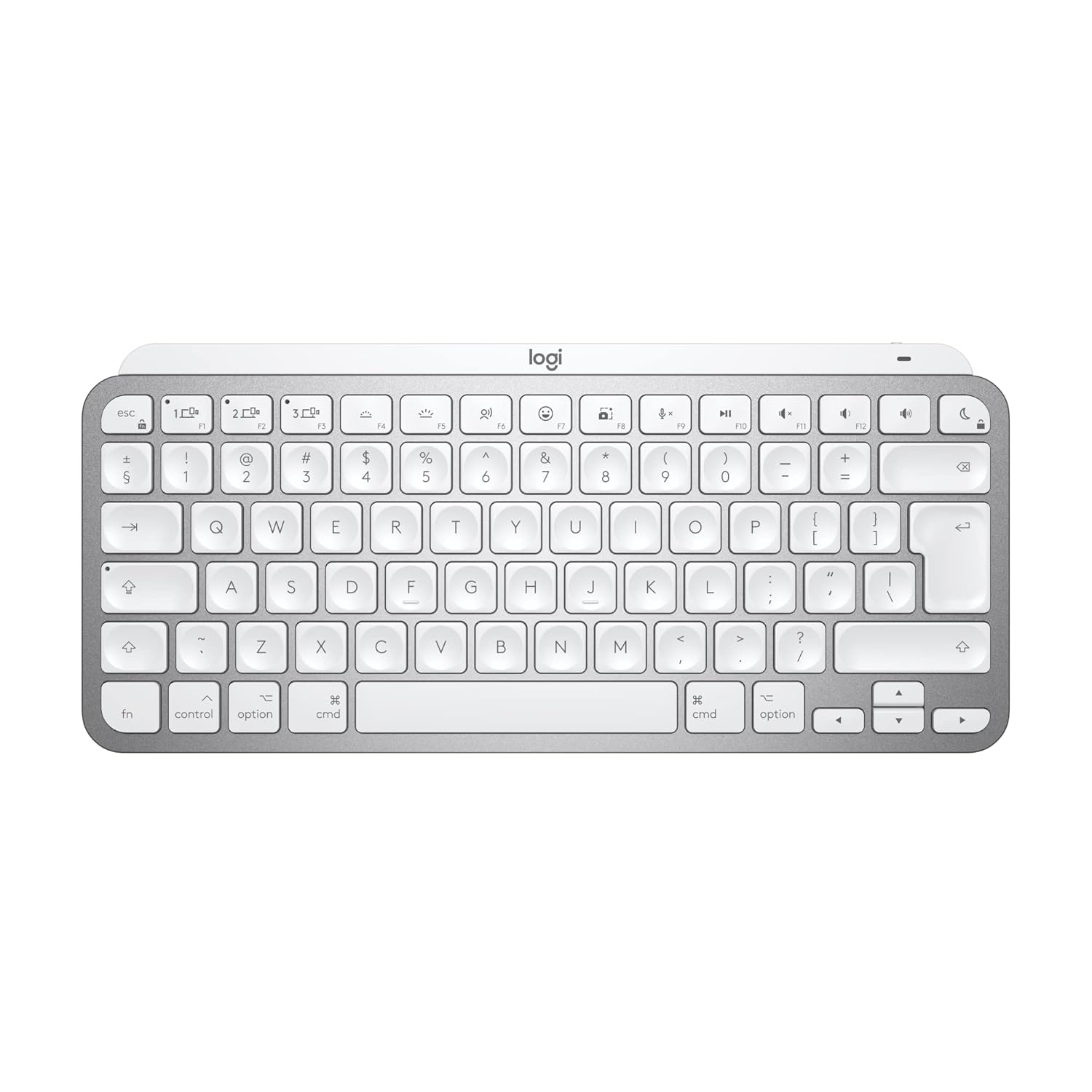 Logitech wireless keyboard in white and silver, shown from a top-down view on a solid white background.
