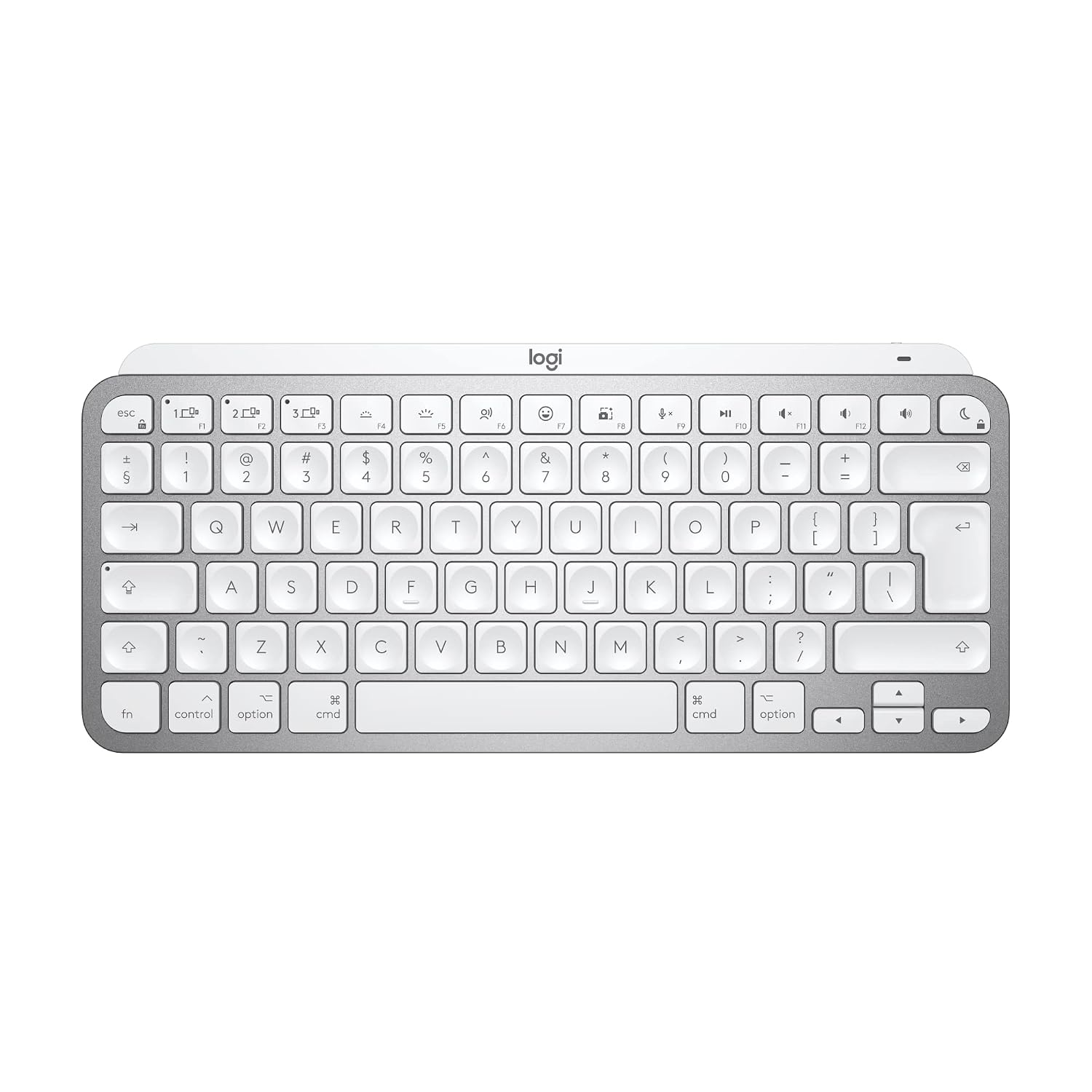 Logitech wireless keyboard in white and silver, shown from a top-down view on a solid white background.