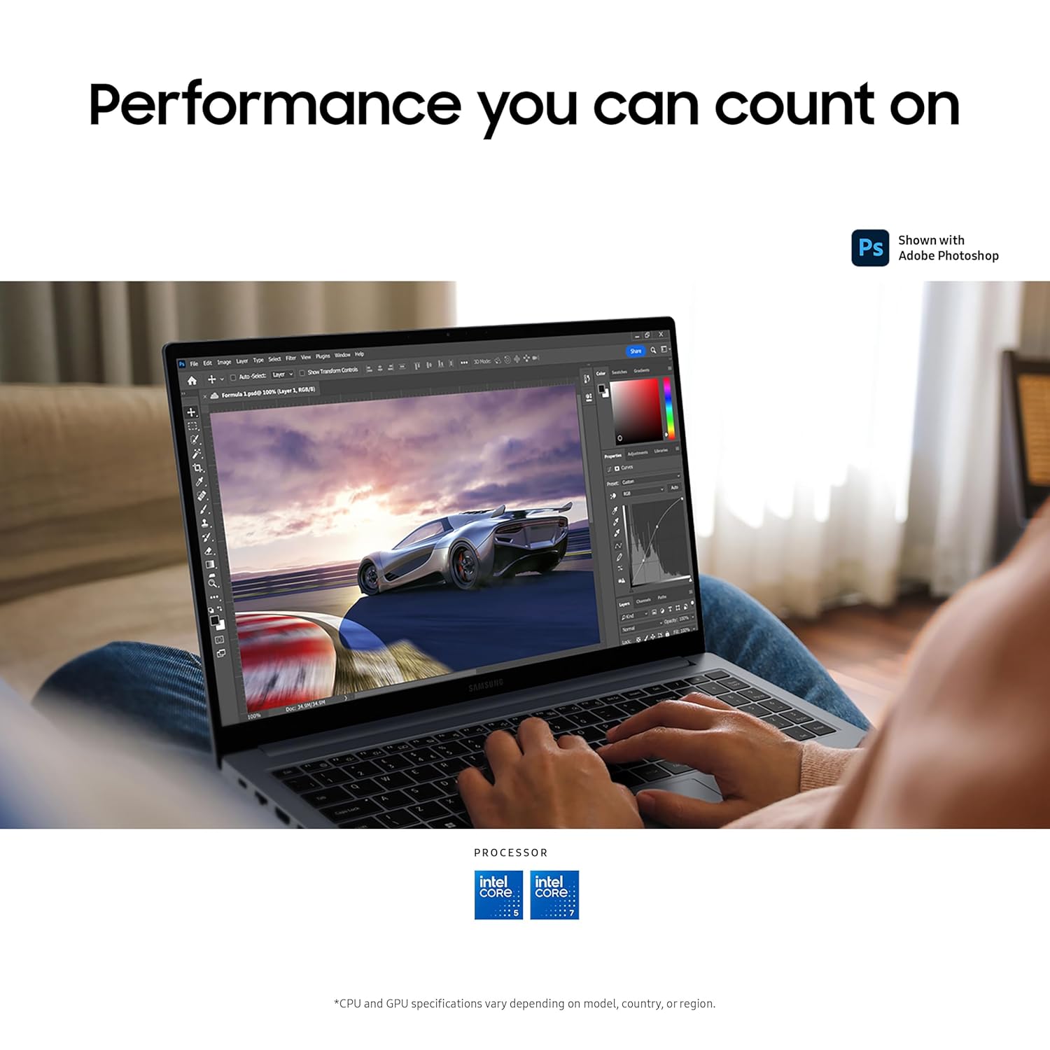 Person using a laptop with a car on the screen, featuring Intel branding.