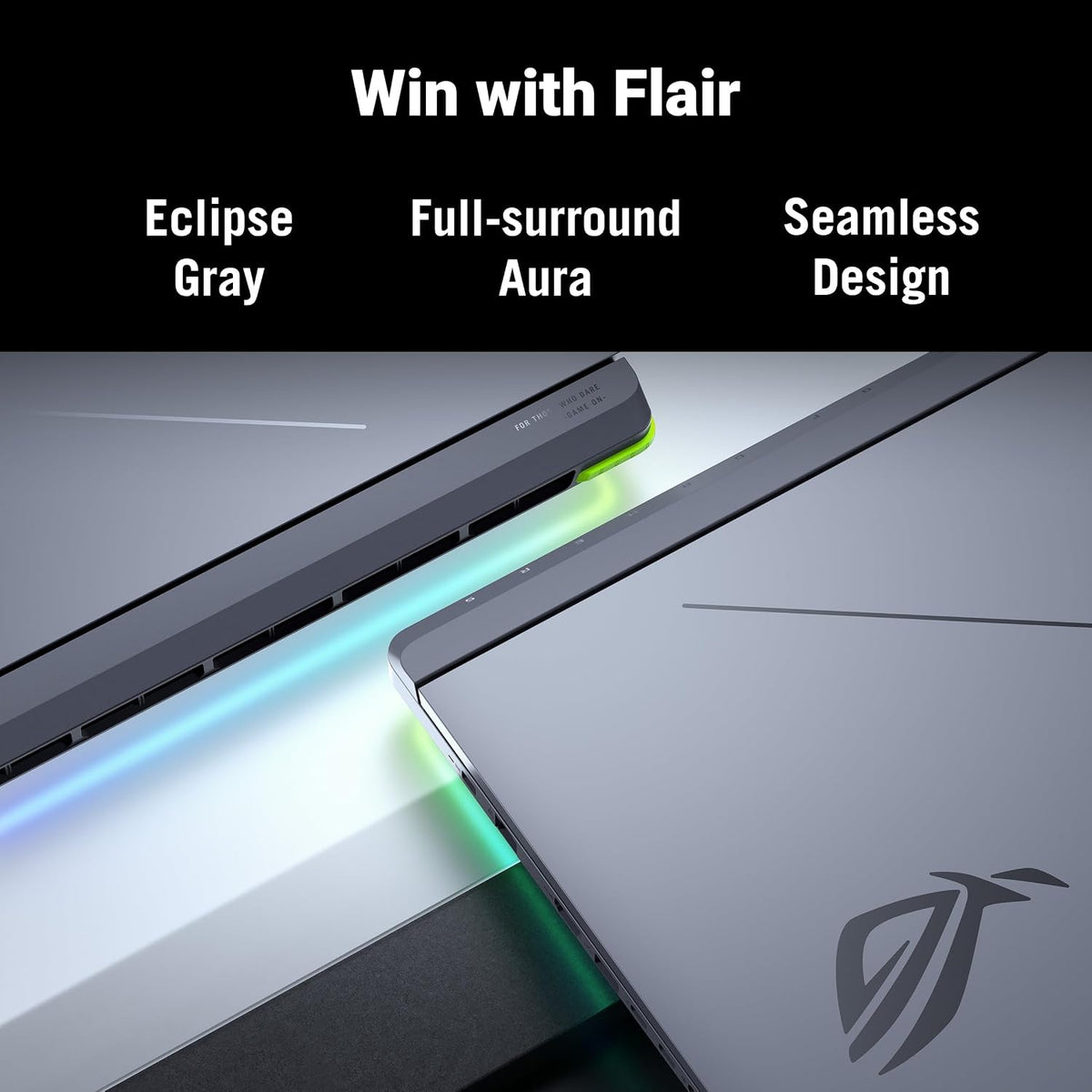 Promotional graphic for a gaming laptop accessory or skin set, showing a close-up of a gray laptop corner with RGB lighting accents and text reading 'Win with Flair' and 'Eclipse Gray', 'Full-surround Aura', and 'Seamless Design'.