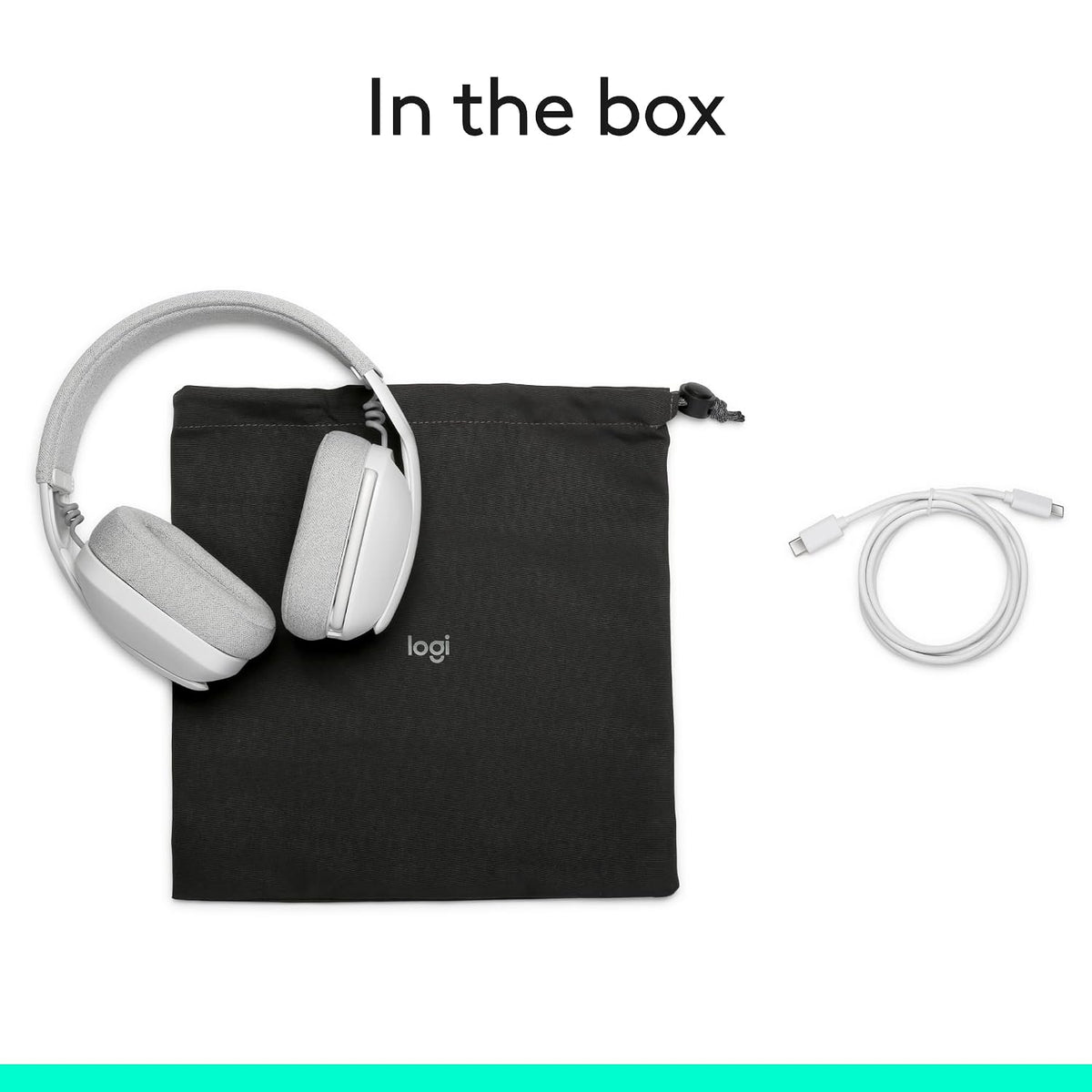 White headphones with a black pouch and cable on a white background