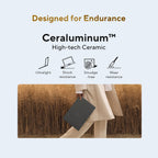 Promotional graphic for a Ceraluminum laptop skin or protective case. The top half features text reading 'Designed for Endurance' and 'Ceraluminum High-tech Ceramic' alongside feature icons for 'Ultralight', 'Shock resistance', 'Smudge free', and 'Wear resistance'.