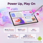 Tablet with stylus on a colorful background, displaying technical specifications.