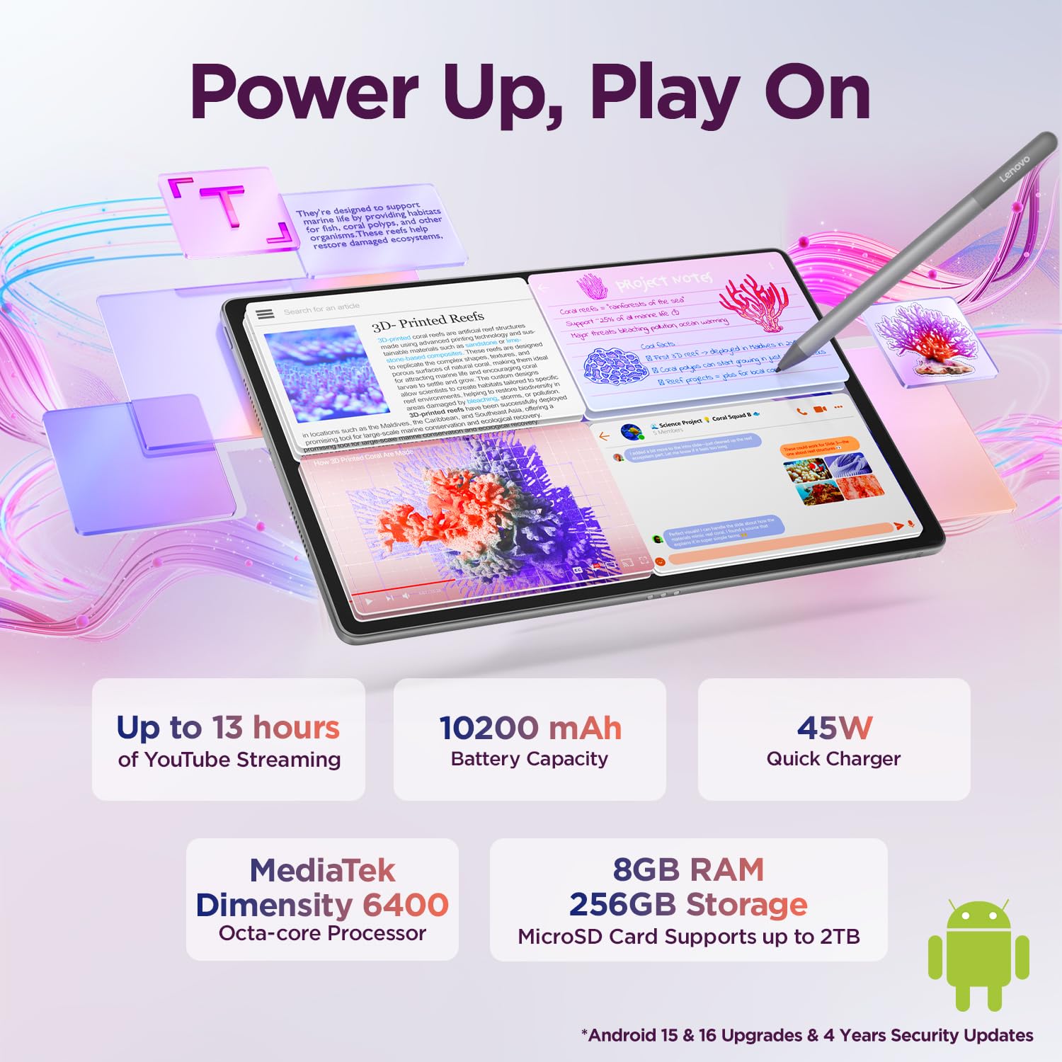 Tablet with stylus on a colorful background, displaying technical specifications.