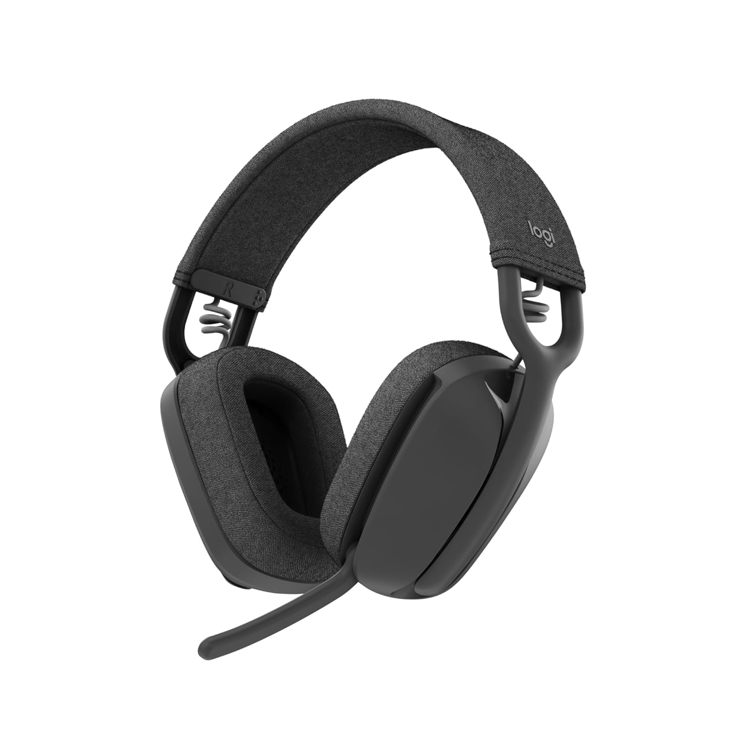 Black gaming headset with a microphone on a white background