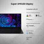 Promotional graphic for a laptop featuring a Super AMOLED display comparison with LCD. The left side shows a black laptop with a colorful abstract swirl screen image, and the right side lists features such as cinematic viewing experience, 100% color volume in DCI-2.
