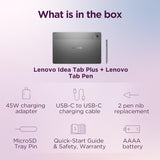 Product list of Lenovo Idea Tab Plus and Lenovo Tab Pen with accessories on a gradient purple background.